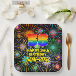 58. Geburtstag: Bunte, lustige feierliche Feuerwer Pappteller