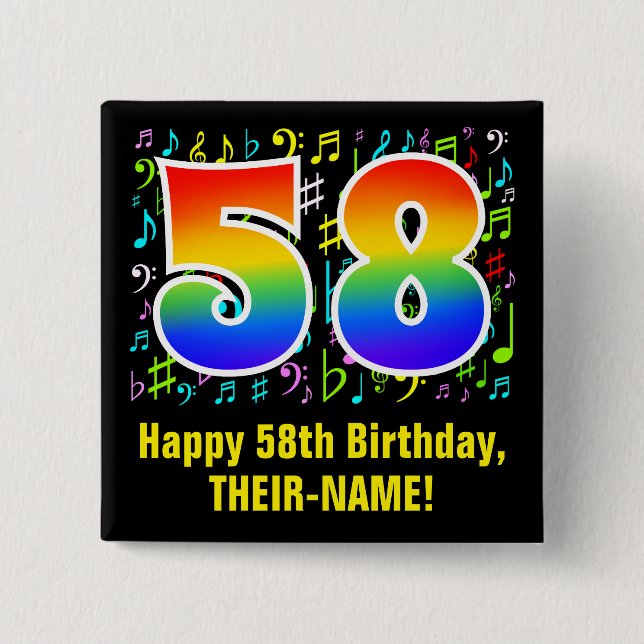 58. Geburtstag: Farbige Musiksymbole, Regenbogen 5 Button (Vorderseite)