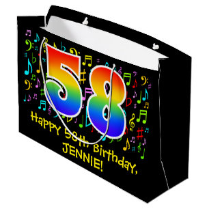 58. Geburtstag - Farbige Musiksymbole, Regenbogen  Große Geschenktüte