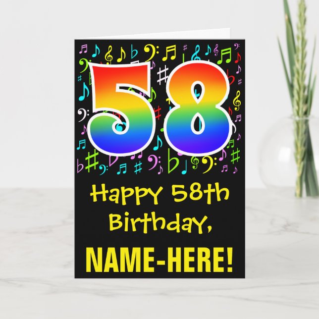 58. Geburtstag: Farbige Musiksymbole + Regenbogen  Karte (Vorderseite)