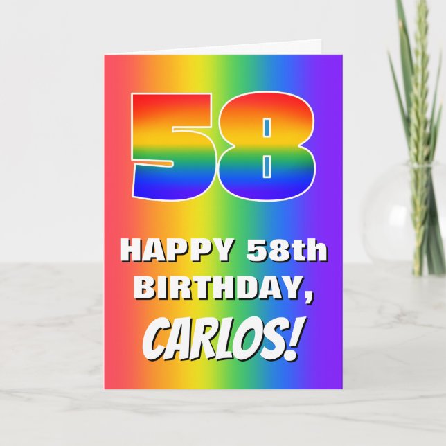 58. Geburtstag: Farbiges, lustiges Regenbogenmuste Karte (Vorderseite)