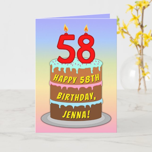 58. Geburtstag — Fun Cake & Candles, w/Individuell Karte (Gelbe Blume)