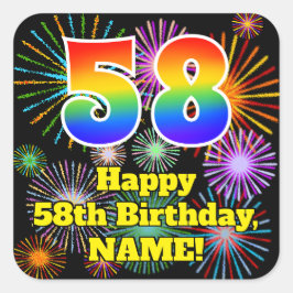 58. Geburtstag: Fun Fireworks Look, Rainbow # 58 Quadratischer Aufkleber