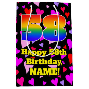 58. Geburtstag: Loving Hearts Pattern, Regenbogen Mittlere Geschenktüte