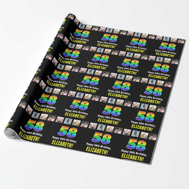 58. Geburtstag: Regenbogen "58"; kundenspezifische Geschenkpapier (Ungerollt)