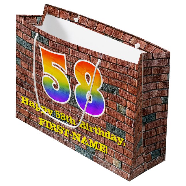 58. Geburtstag: Spaß, Graffiti-Inspiriert Regenbog Große Geschenktüte (Vorderseite Schrägansicht)