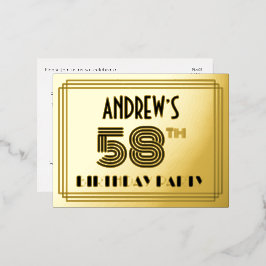 58th Birthday Party ~ Art Deco Style “58” + Name Folie Einladungspostkarte