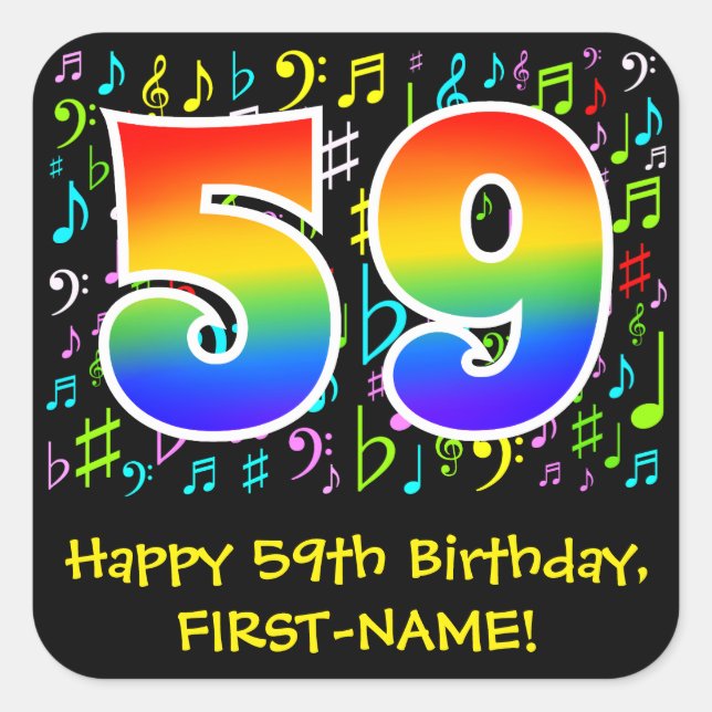 59. Geburtstag: Farbige Musiksymbole, Regenbogen 5 Quadratischer Aufkleber (Vorderseite)