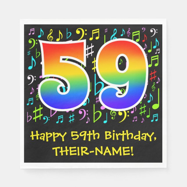 59. Geburtstag - Farbige Musiksymbole, Regenbogen  Serviette (Vorderseite)
