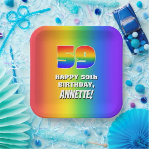 59. Geburtstag: Farbiges, lustiges Regenbogenmuste Pappteller