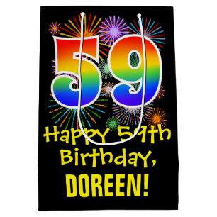 59. Geburtstag: Fun Fireworks Pattern + Rainbow 59 Mittlere Geschenktüte