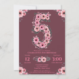 5. Big Birthday Girl Pink Blume Green Foliage Einladung