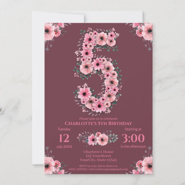 5. Big Birthday Girl Pink Blume Green Foliage Einladung (Vorderseite)