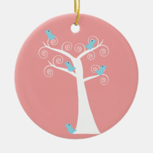 5 Blaue Vögel in einem Baumschmuck Keramikornament