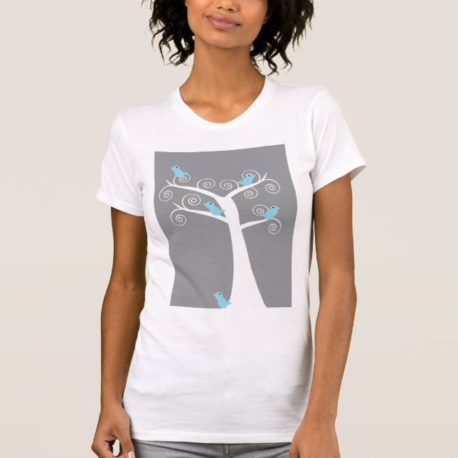 5 Blaue Vögel in einem Shirt von Bäumen (grau) (Vorderseite)