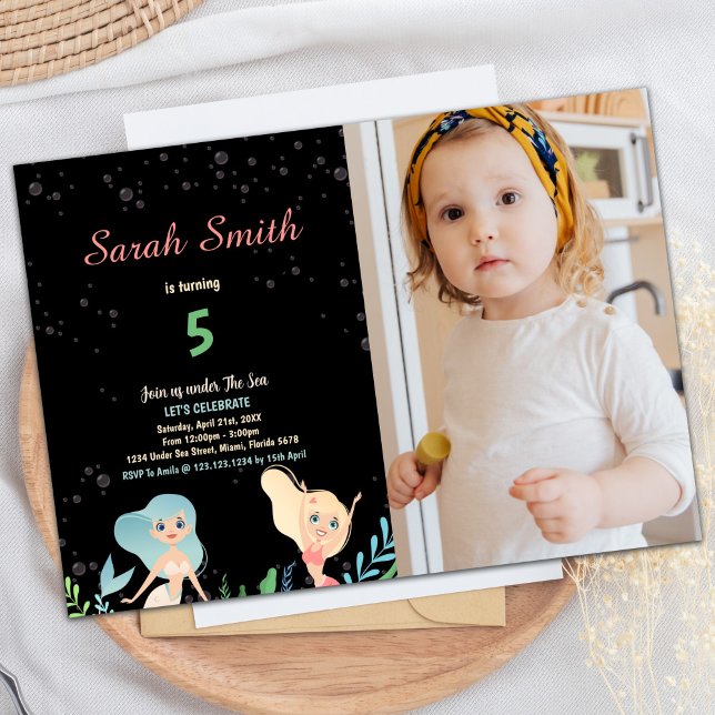 5. Blond Mermaid Geburtstag Einladungen mit Foto (5th Blond Mermaid Birthday Invitations with photo)