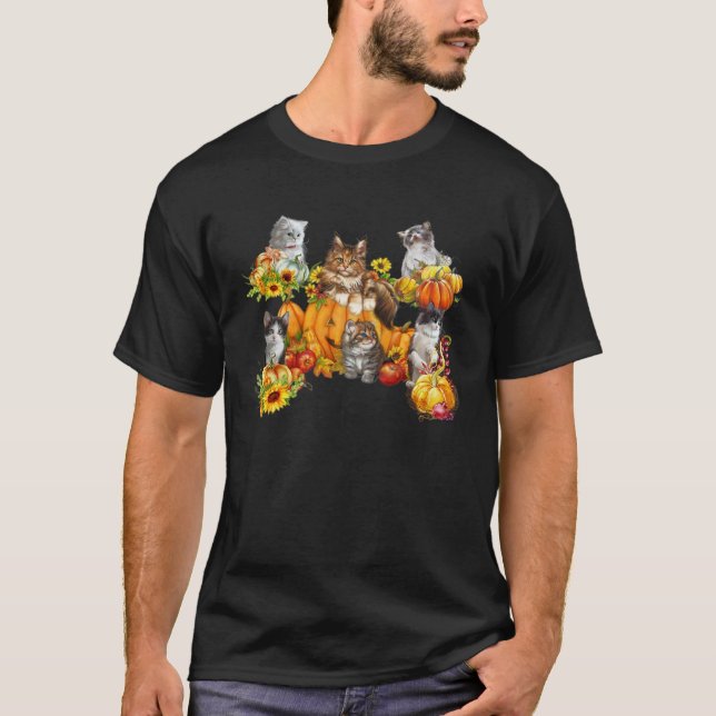 5 Cat Kitten Cute Pumpkins Sunflower T-Shirt (Vorderseite)