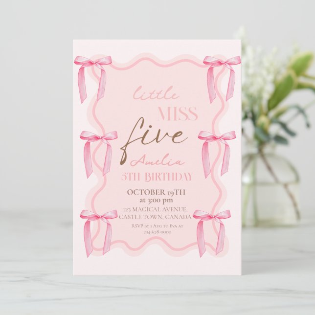 5. Dusty Pink Bows Birthday Party Princess Einladung (Stehend Vorderseite)