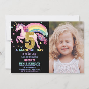 5. Einhorn Geburtstag Einladungen Schwarz mit Foto