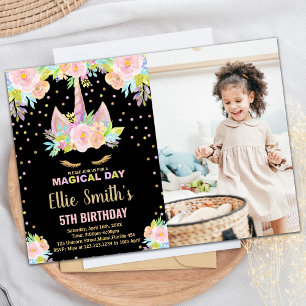 5. Floral Black Foto Unicorn Geburtstag Einladung