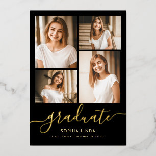 5 Foto Abschluss Collage Elegantes Schwarz & Gold Folieneinladung
