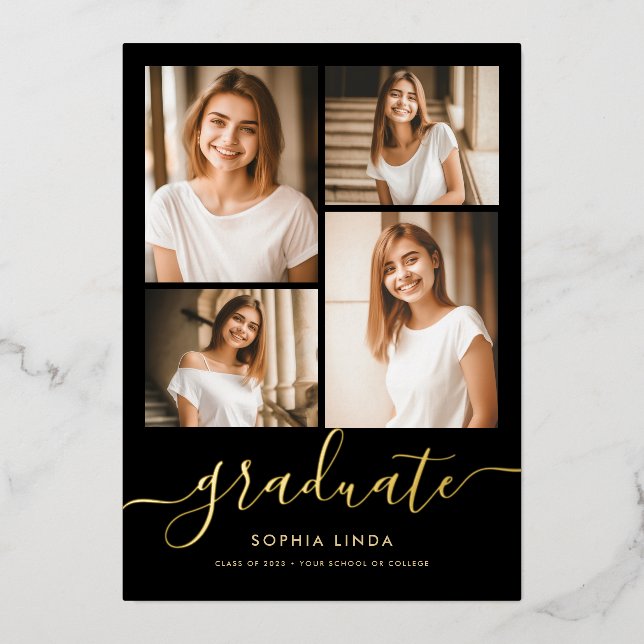 5 Foto Abschluss Collage Elegantes Schwarz & Gold Folieneinladung (Vorderseite)