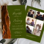 5-Foto Burnt Orange Agate Olive Green Wedding Einladung<br><div class="desc">Die links Kulisse dieser eleganten, modernen Hochzeitseinladung besticht durch einen gelben, mit Imitaten vergoldeten Glitzer in Orange und Rost geschliffenen Wasserfarben. Der anpassbare Text kombiniert goldfarbene Handschrift, Copperplate und kursivem Schriftart auf einem olivgrünen Hintergrund. Die Rückseite bietet Platz für 5 Fotos (3 horizontale 1 Quadrat und 1 vertikale) und Raum...</div>