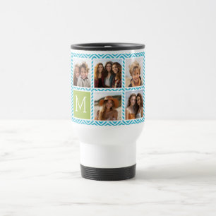 5-Foto-Collage - Aqua-Blau und Limette-Monogramm Reisebecher