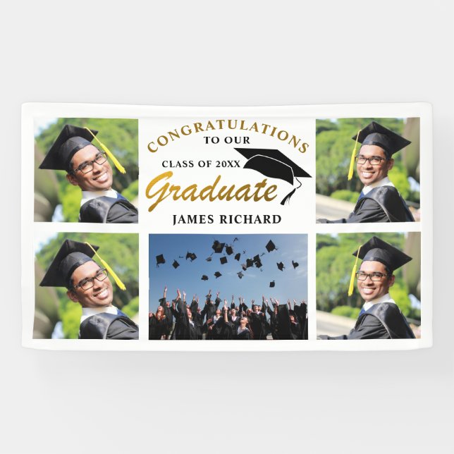 5 Foto Collage Black and Gold Abschluss 2025 Banner (Horizontal)