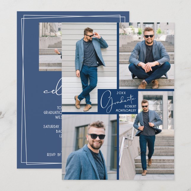 5 Foto Collage Blue Graduation Party Einladung (Vorne/Hinten)