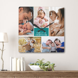 5 Foto-Collage Familie ist alles Zitat Teal Quadratische Wanduhr