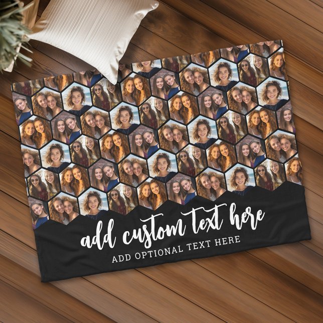 5 Foto Collage Funky Hexagon Muster - schwarz Fleecedecke (Personalized fleece blanket with 5 photos and custom text)