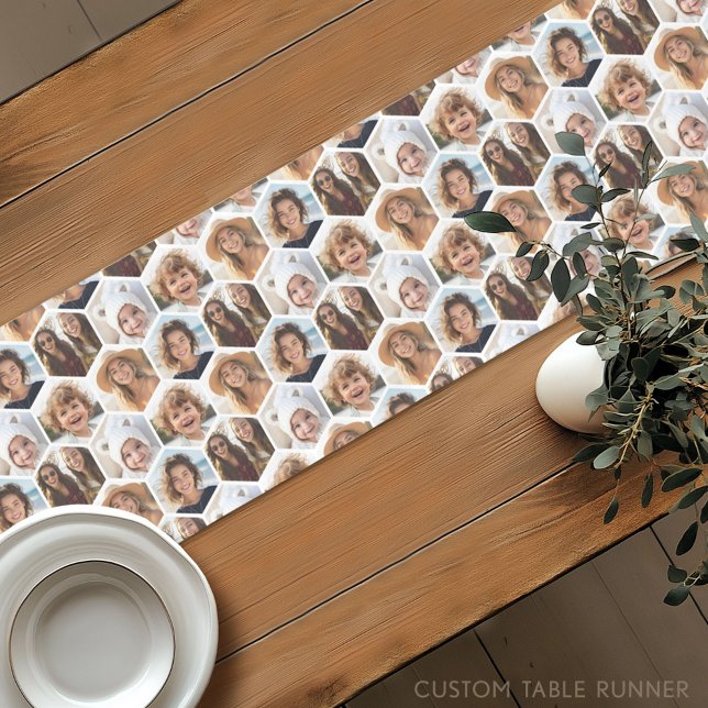 5 Foto Collage Honeycomb Hexagon Muster - weiß Kurzer Tischläufer (Custom Photo Table Runner - Instant Photo Collage)