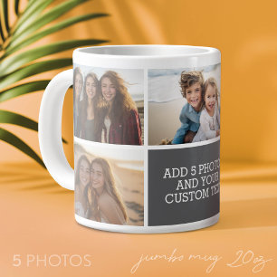 5-Foto-Collage mit Text - Minimal Grau Weiß Jumbo-Tasse