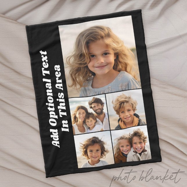 5-Foto-Collage Optional Text - kann schwarze bearb Fleecedecke (Custom Photo Blanket)