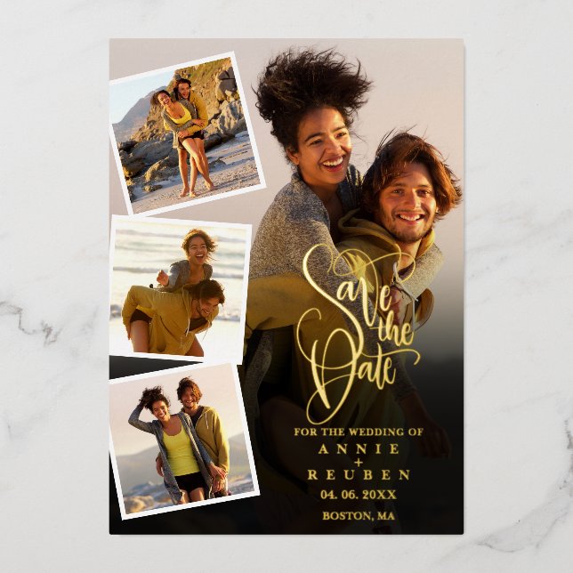 5 Foto Collage Wedding Gold Script Save the Date Folieneinladung (Vorderseite)