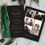 5-Foto Emerald Green Gold Agate Dark Wedding Einladung<br><div class="desc">Der links Rand dieser eleganten, modernen Hochzeitseinladung zeichnet sich durch einen smaragdgrünen Aquarellstreifen aus, der mit vergoldetem Imitat-Glitzer bestickt ist. Der anpassbare Text kombiniert goldfarbene Handschrift, Copperplate und kursiv Schriftart auf einem schwarzen Hintergrund. Die Rückseite bietet Platz für 5 Fotos (3 horizontale 1 Quadrat und 1 vertikale) und Raum für...</div>