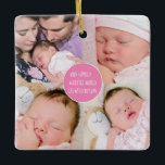 5 Foto Family Little World erstellt durch Liebe-Na Keramikornament<br><div class="desc">Lieblich Sake und Geschenk mit seiner Collage von 4 quadratischen Fotos auf der Vorderseite, und das inspirierend Zitat Unsere Familie Eine kleine Welt durch Liebe in der Mitte in einem rosa Kreis. Auf der Rückseite, ein Single quadratisches Foto mit Ihren Namen unten. Ersetzen Sie die Fotos auf beiden Seiten einfach...</div>