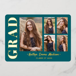 5 Foto Grad Collage Aquamarin & Gold Foil Card Folieneinladung