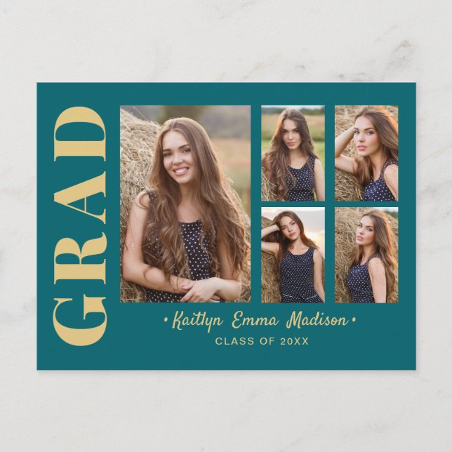 5 Foto Grad Collage Modernes Drehbuch Aquamarin un Postkarte (Vorderseite)