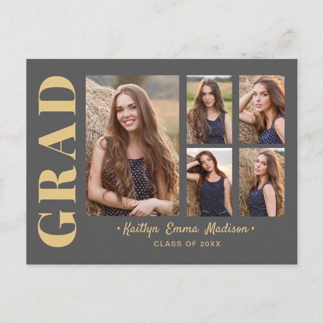 5 Foto Grad Collage Modernes Drehbuch Grau und Gol Postkarte (Vorderseite)