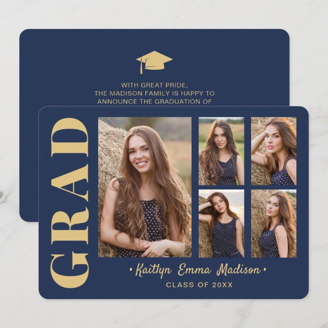 5 Foto Grad Collage Modernes Drehbuch Navy Blue Go Ankündigung (Vorne/Hinten)