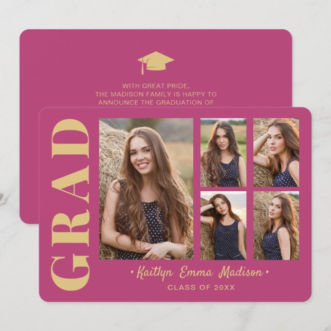 5 Foto Grad Collage Modernes Drehbuch Rosa und Gol Ankündigung (Vorne/Hinten)