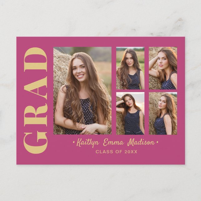 5 Foto Grad Collage Modernes Drehbuch Rosa und Gol Postkarte (Vorderseite)