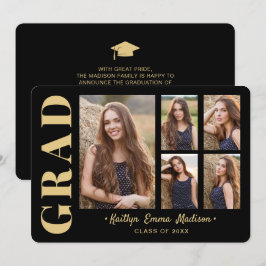 5 Foto Grad Collage Modernes Script Black und Gold Ankündigung