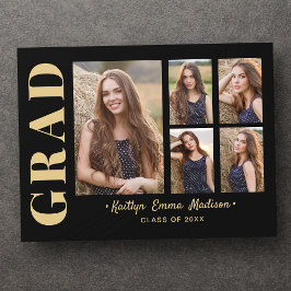 5 Foto Grad Collage Modernes Script Black und Gold Postkarte