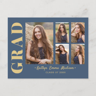 5 Foto Grad Collage Modernes Script Blau und Gold Postkarte