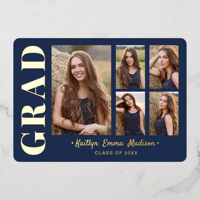 5 Foto Grad Collage Navy Blue & Gold Foil Card Folieneinladung (Vorderseite)
