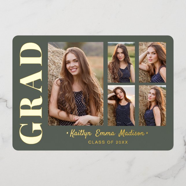 5 Foto Grad Collage Sage Green & Gold Foil Card Folieneinladung (Vorderseite)