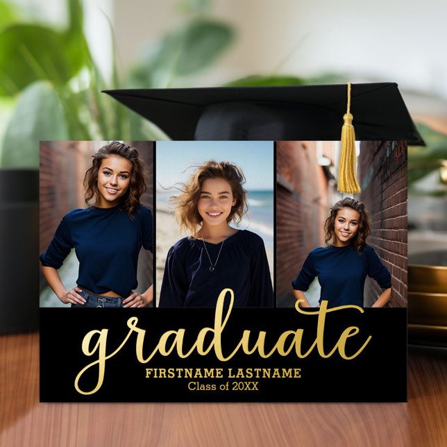 5 Foto Graduation Party Modernes Script Gold Folieneinladung (Graduation announcement and invitation with multiple photos)